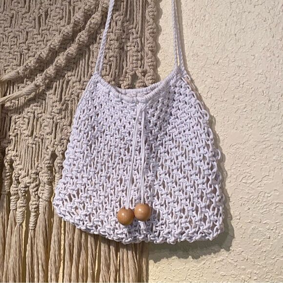 Handmade Macrame White Bag with Two Large Wooden Beads Boho - Picture 1 of 13